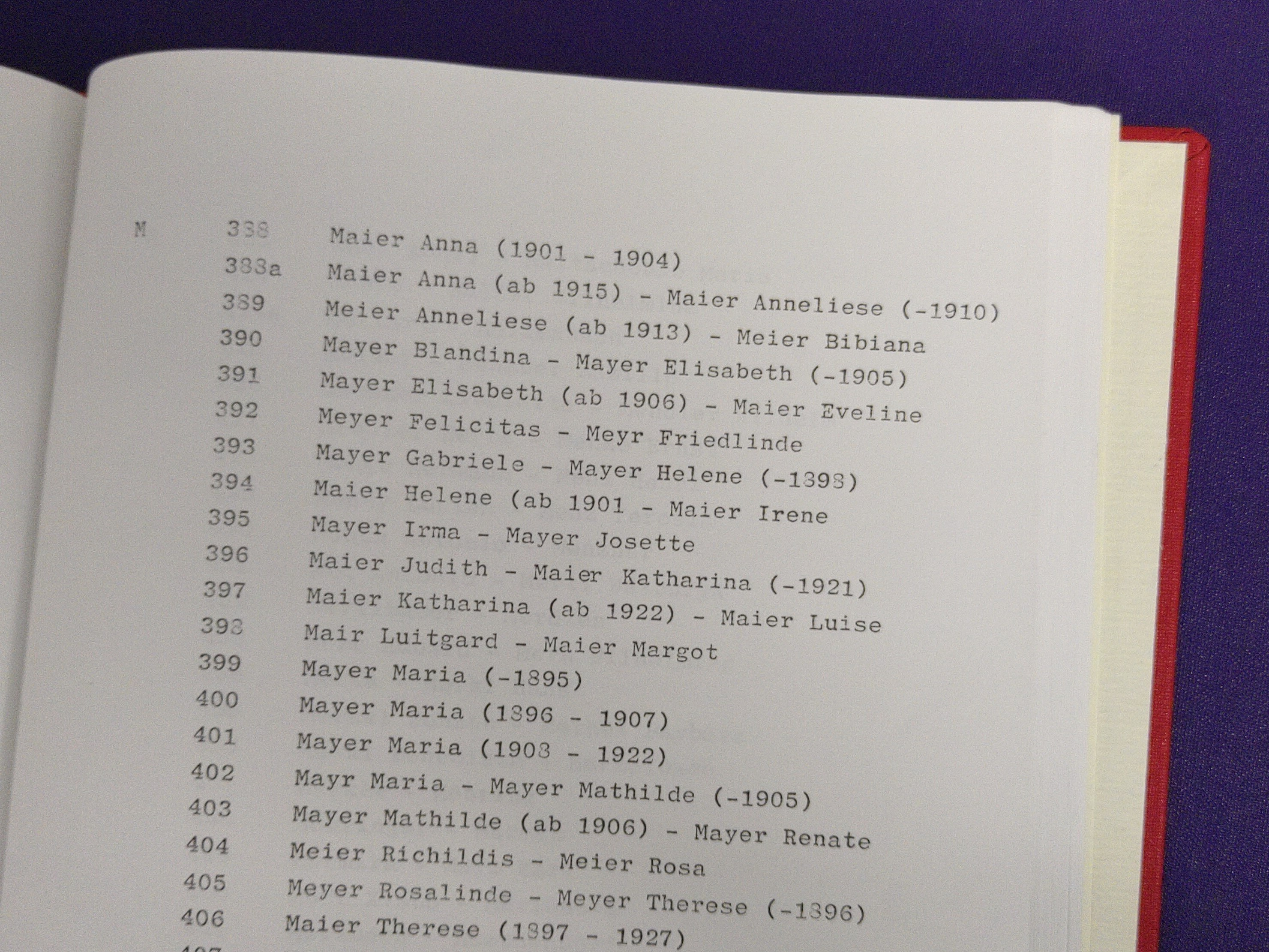 Seite aus dem Findbuch für die Einwohnermeldekarten. Zu sehen sind die Bündel für den Nachnamen Meier in verschiedenen Schreibweisen.