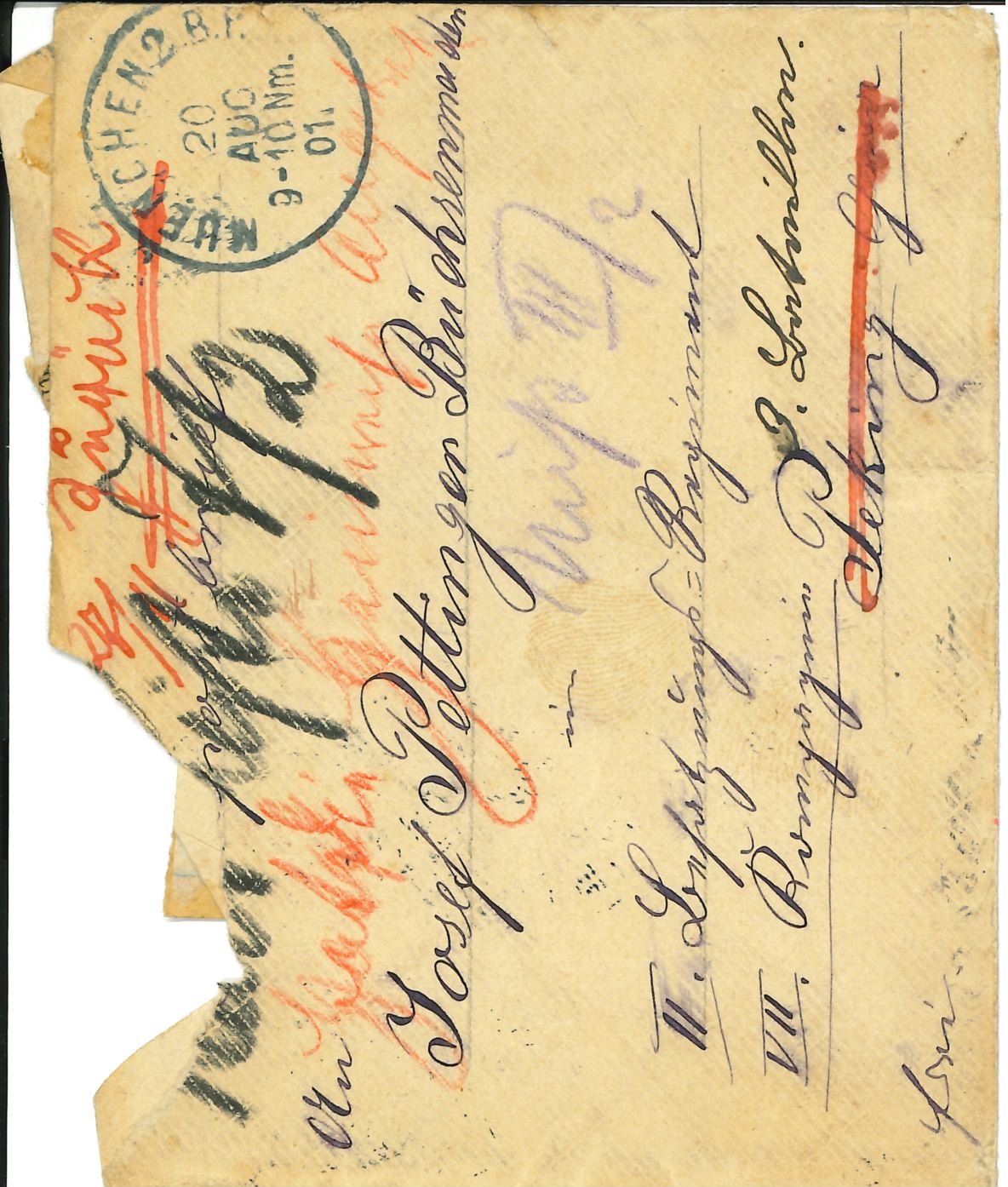 Briefumschlag für einen Brief an Josef Pettinger mit einer Pekinger Adresse, der jedoch nicht zugestellt werden konnte