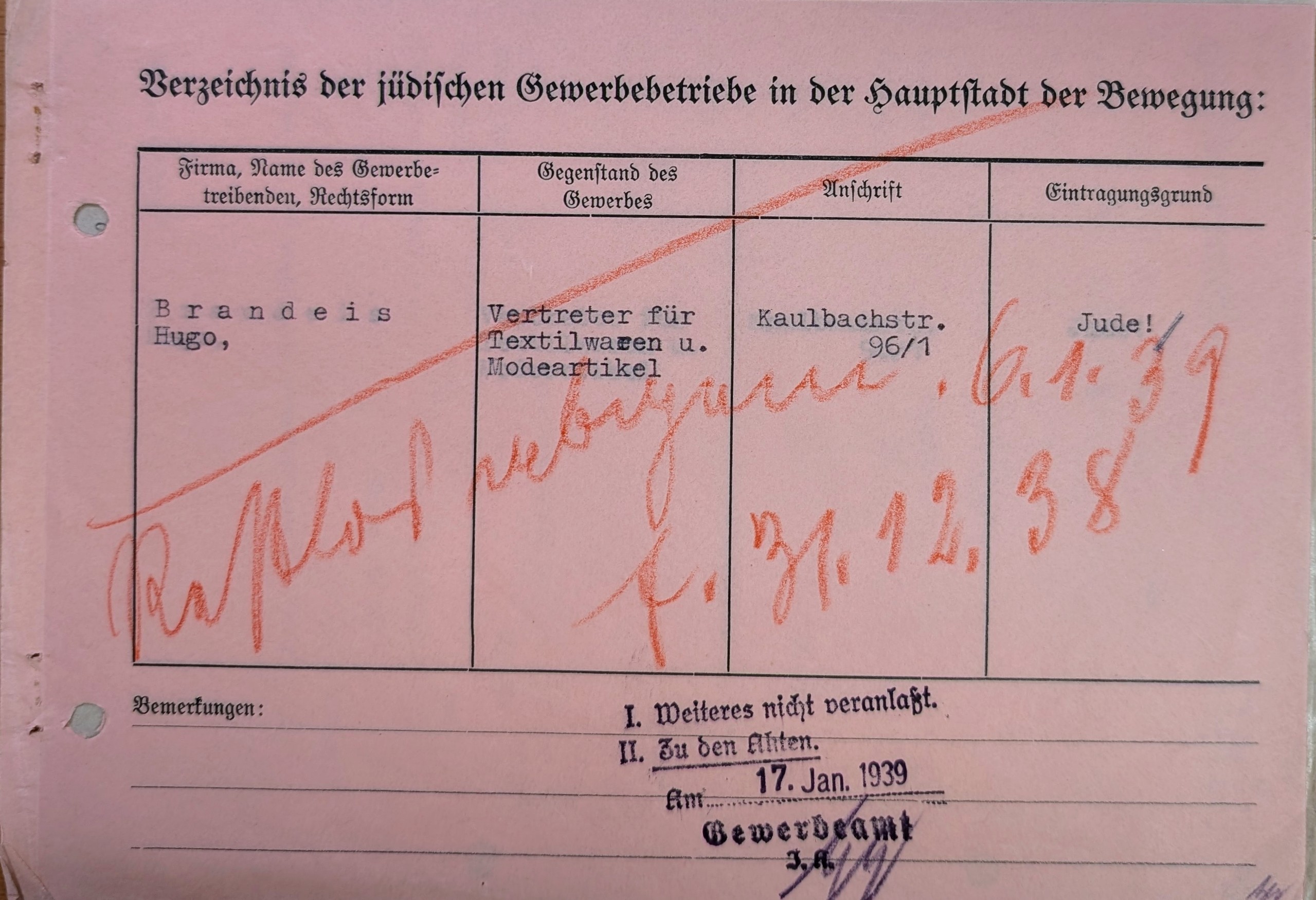 Amtliche Löschung der Gewerbeerlaubnis für Hugo David Brandeis zum Jahresende 1938