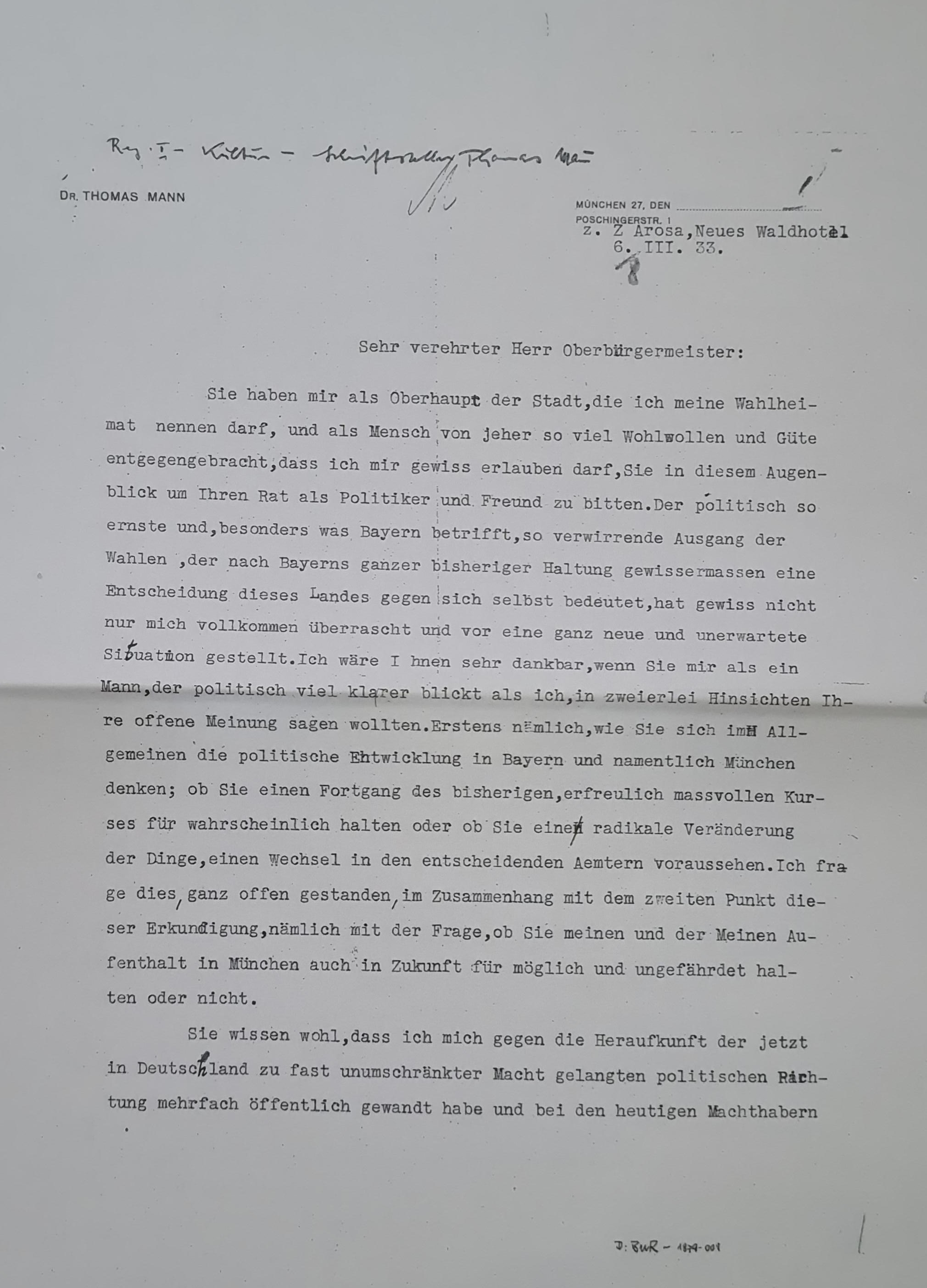 Schreiben Thomas Mann an Karl Scharnagl, Arosa (Schweiz), 6. März 1933, Maschinenschrift (Original).