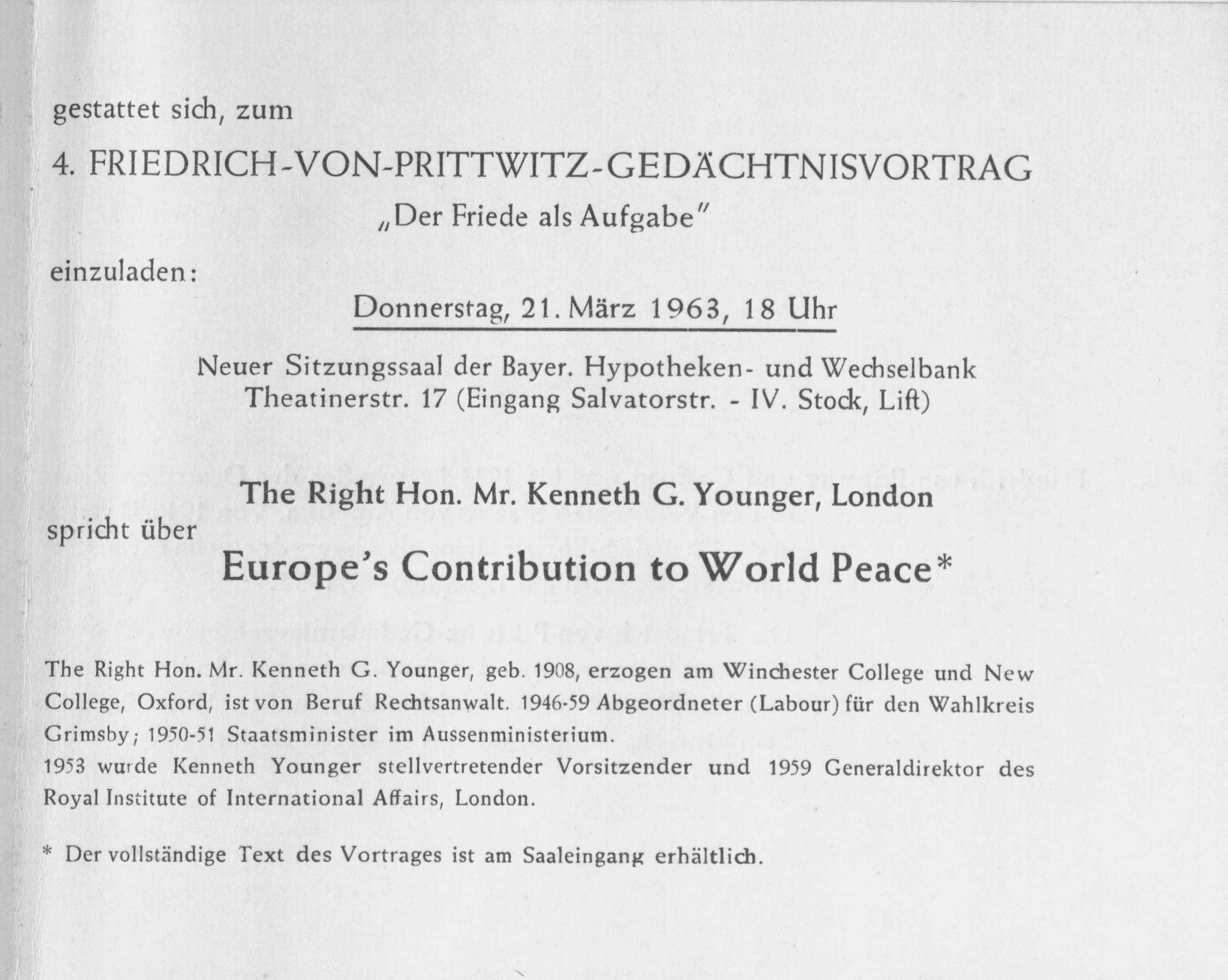 Einladung zum Vortrag "Europe's Contribution to World Peace" von Kenneth Younger, 1963