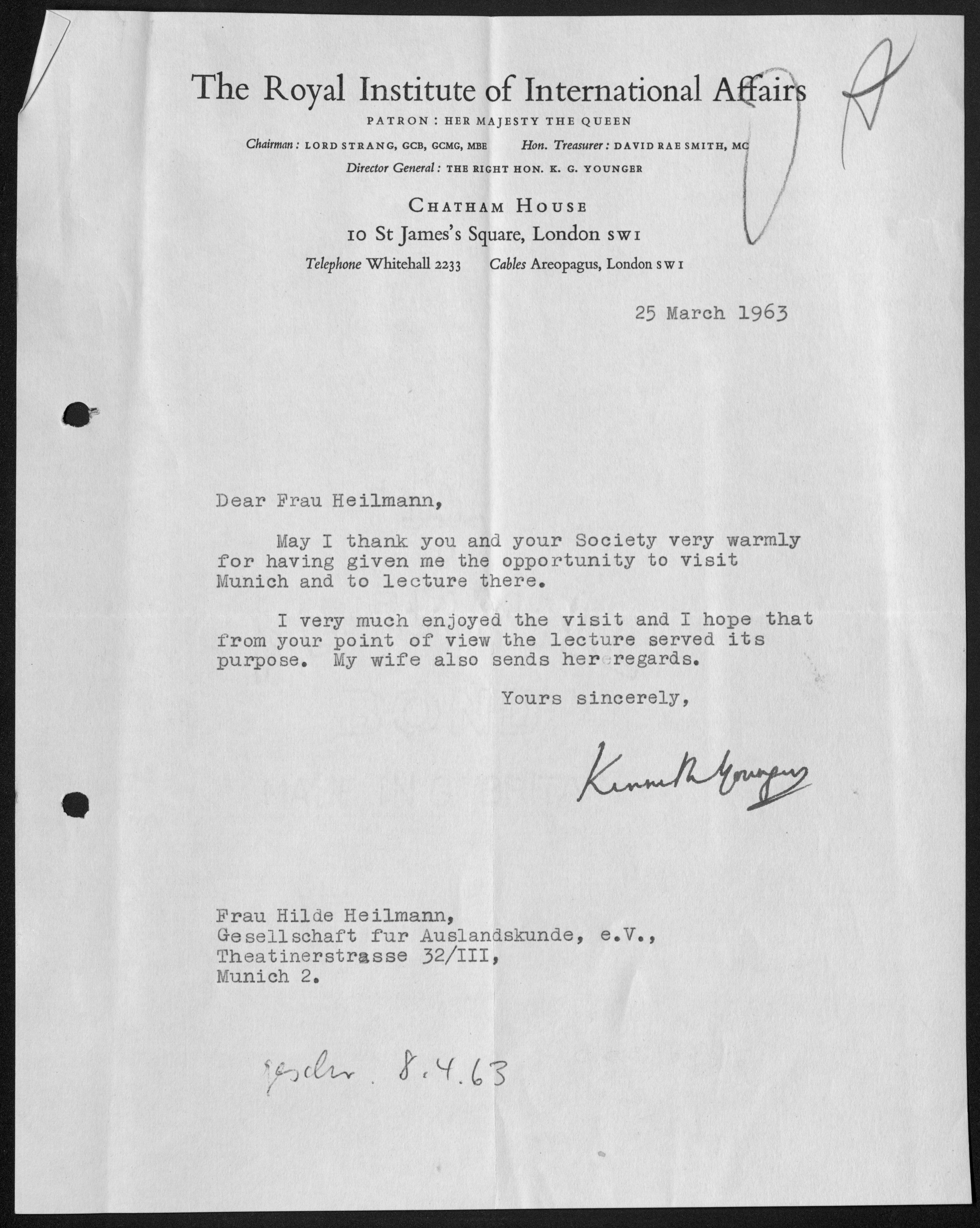 Dankesschreiben von Kenneth Younger für die Reise nach München, 1963