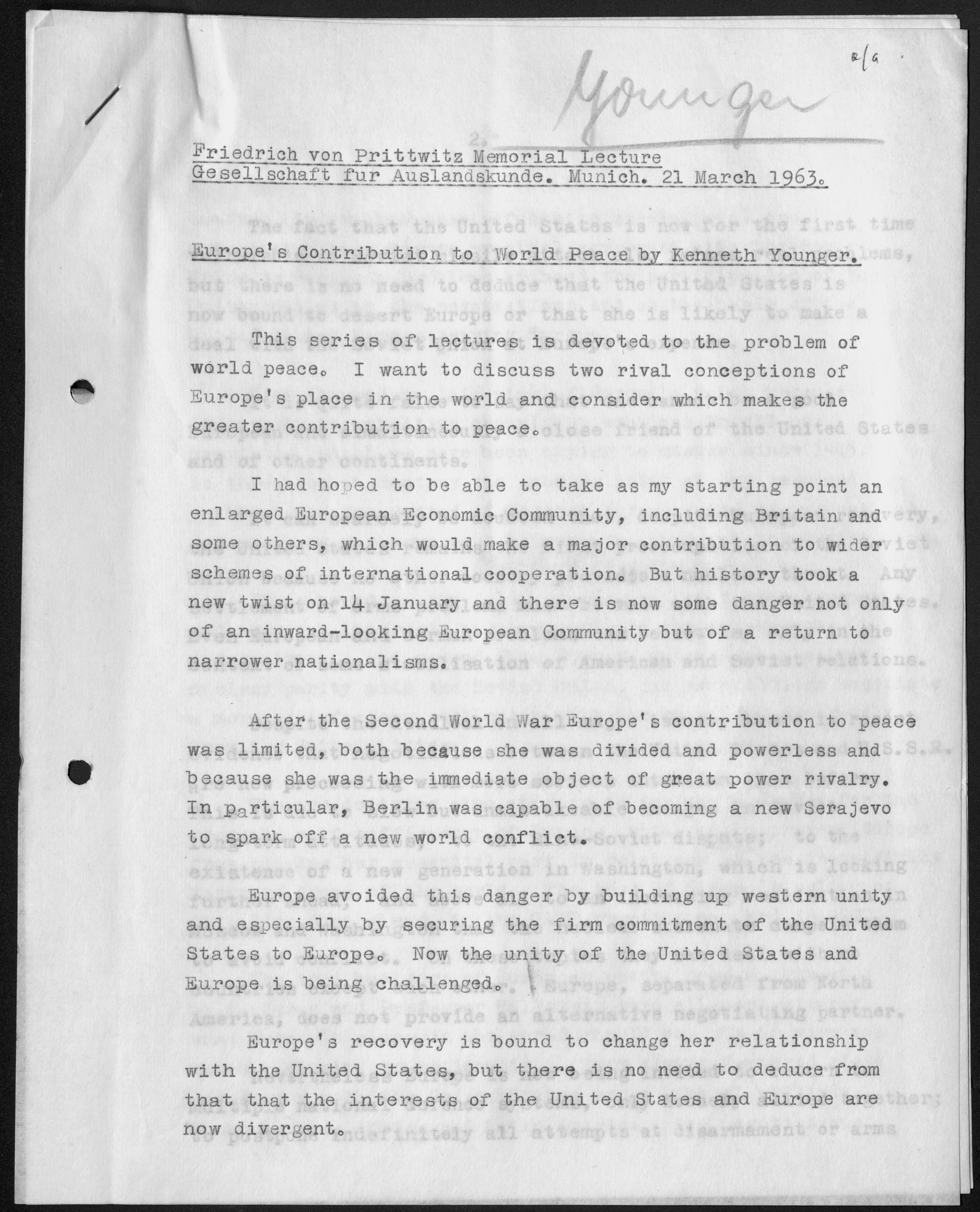 Erste Seite des Vortragsskripts "Europe's Contribution to World Peace" von Kenneth Younger, 1963
