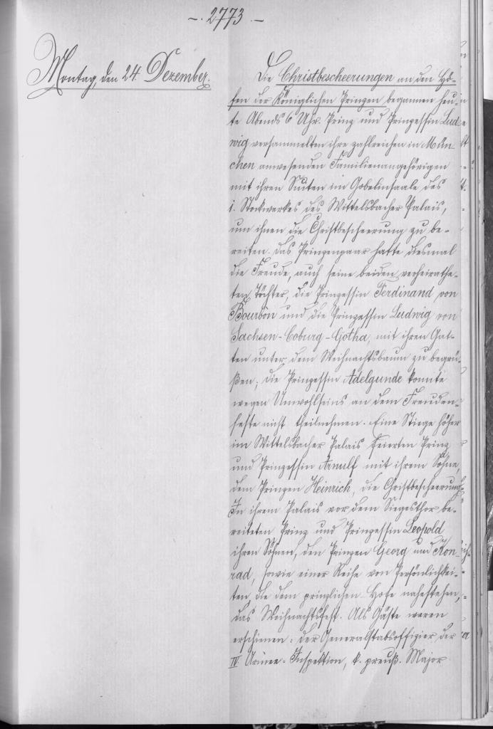 Seite aus dem Jahrbuch der Stadt München mit Bericht über die Bescherungsfeiern der bayerischen Prinzenpaare mit ihren Kindern.