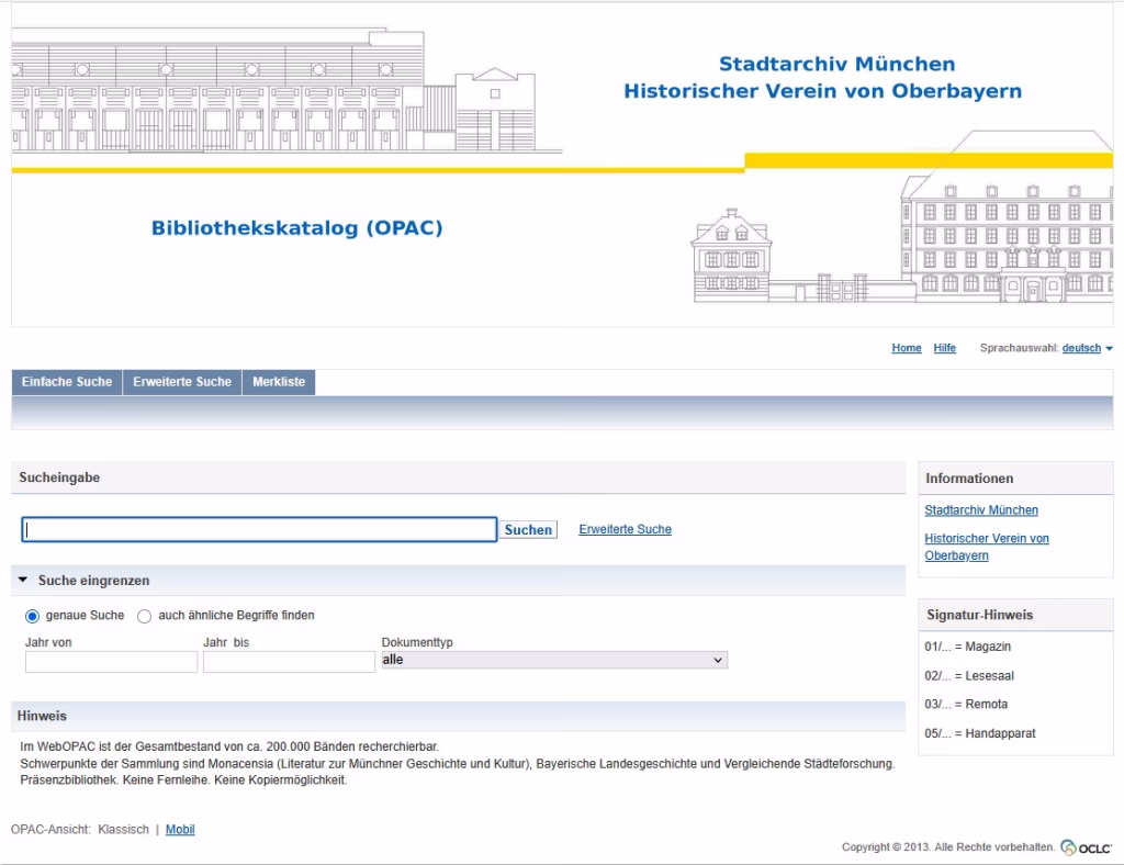 Screenshot des gemeinsamen OPAC von Stadtarchiv Stadtarchiv München und Historischem Verein von Oberbayern