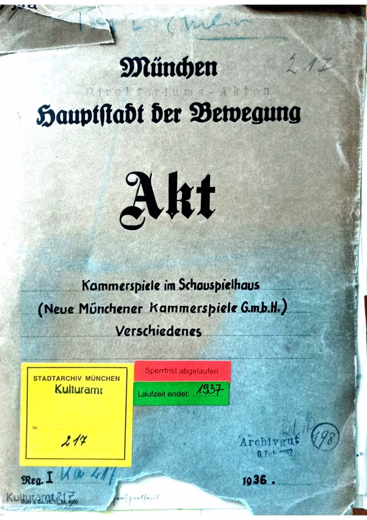 Kammerspiele im Schauspielhaus, u.a. Kampf der NS-Gemeinschaft Kraft durch Freude gegen die jüdisch verheirateten Schauspieler Will Dohm und Richard Revy, Zuschüsse, Bilanz 1935, Monatsabrechnungen