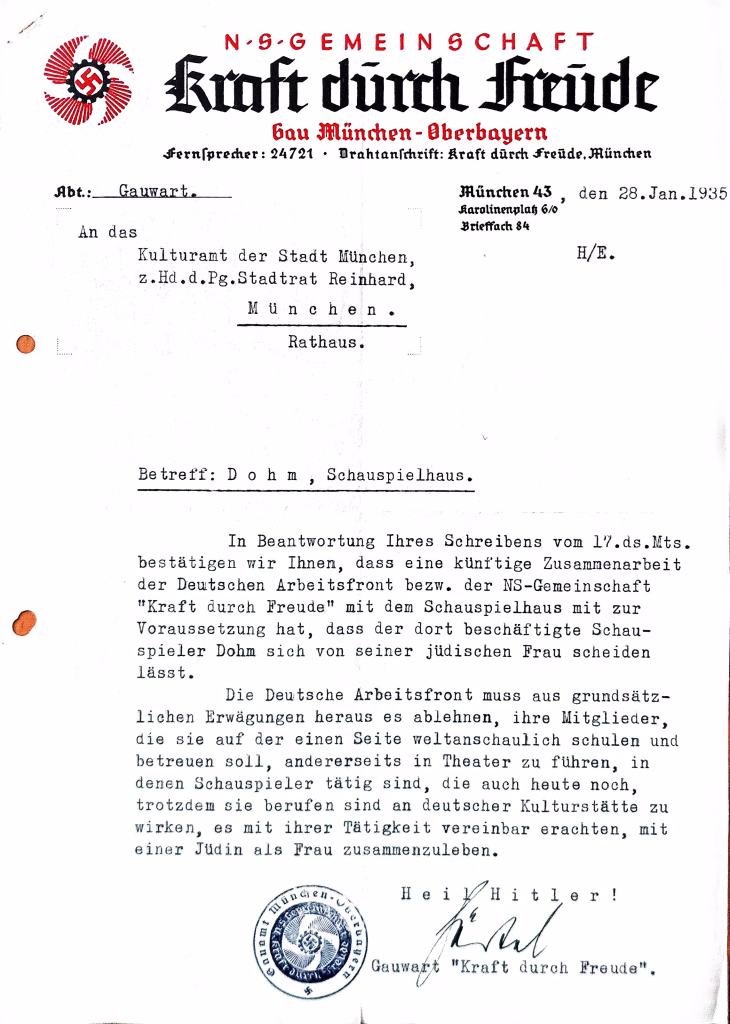 Schreiben des Gauwarts "Kraft durch Freude" mit der Aufforderung zur Scheidung